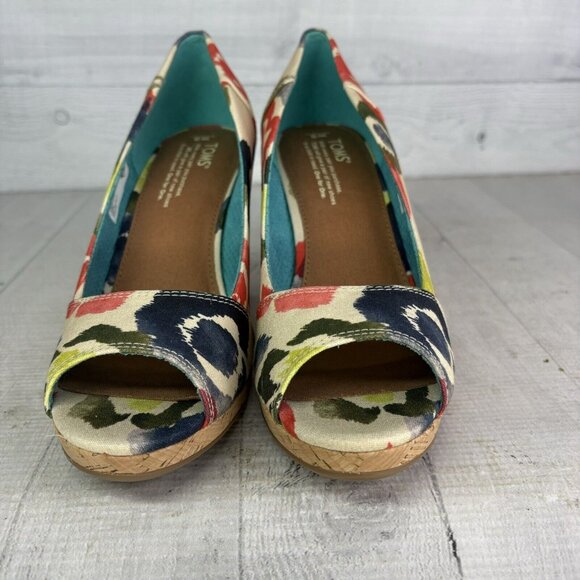 Toms STELLA Abstract Floral Canvas Peep Toe Cork Wedge Heel Slip On Shoes Size 9 - Picture 10 of 16